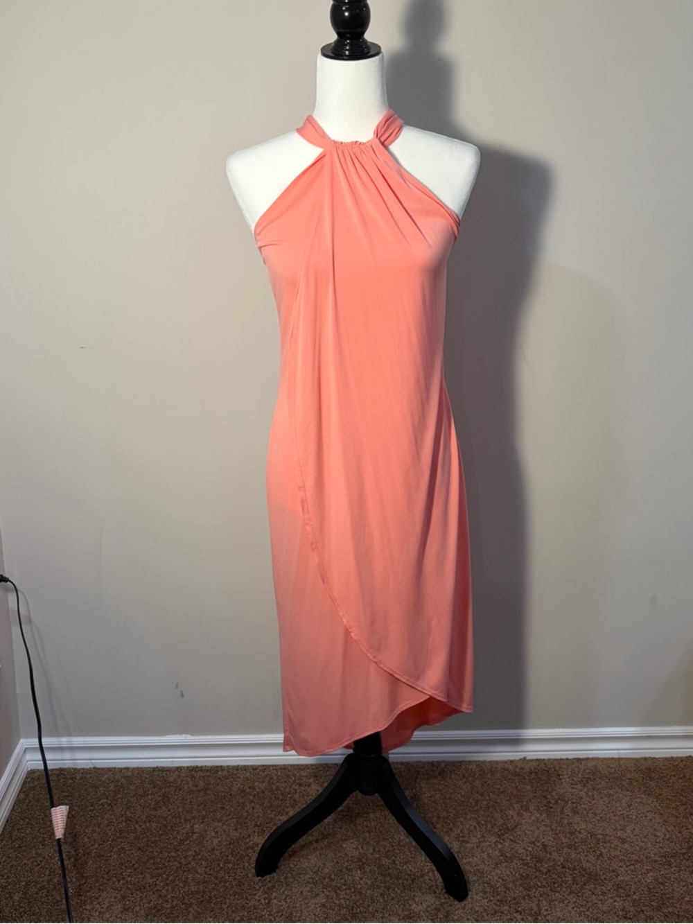 VENUS Coral Halter Wrap-Front Maxi Dress
